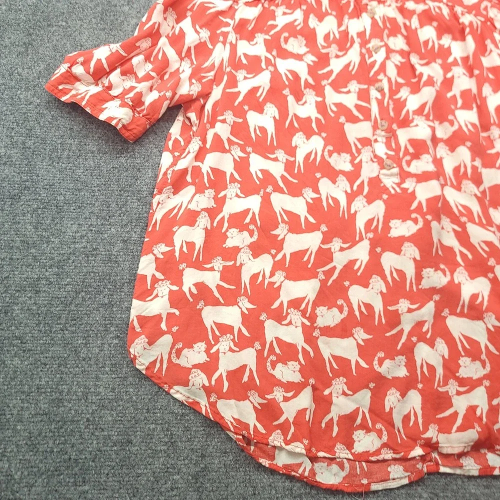 Anthropologie Emily Isabella Poodle Print Blouse Red White Short Sleeve M